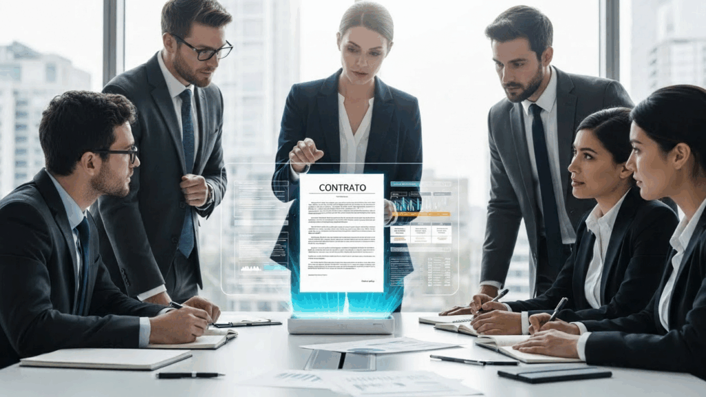 Equipe executiva analisando um contrato digital flutuante para escolher software de gerenciamento de contratos.