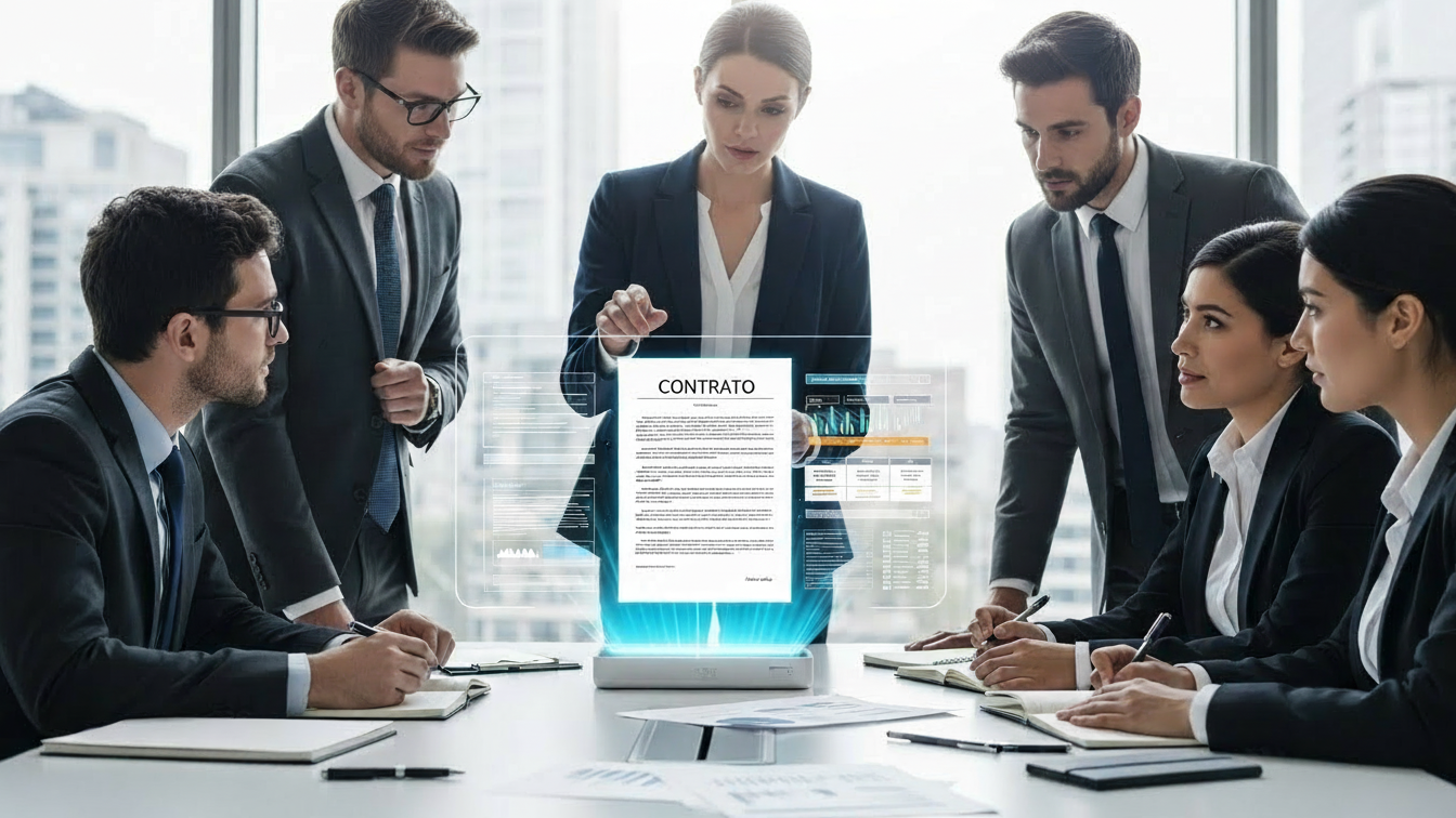 Equipe executiva analisando um contrato digital flutuante para escolher software de gerenciamento de contratos.