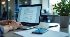 Contraktor | Como fazer um contrato: passo a passo para fazer contrato seguro Pessoa revisando contrato digital em laptop com elementos gráficos de assinatura digital e gerenciamento de documentos no fundo