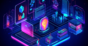 Imagem futurista com elementos digitais representando automação, análise de dados e colaboração online, simbolizando a eficiência das PMEs em 2025 por meio da transformação digital e do uso estratégico da tecnologia.