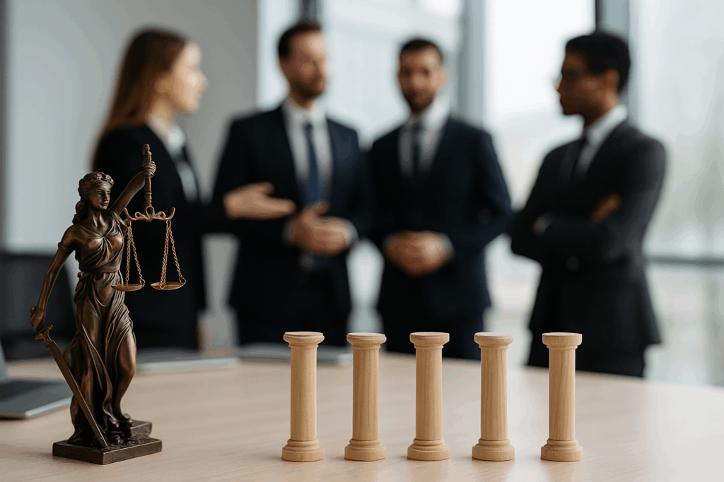 Mostra uma mesa de reunião com a estátua da Justiça e quatro pequenos pilares de madeira em primeiro plano; ao fundo, equipe desfocada em escritório moderno.