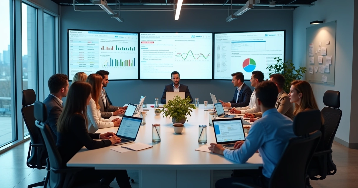 Equipe profissional revisando contratos digitais em uma sala moderna com laptops e telas mostrando gráficos de gestão de contratos