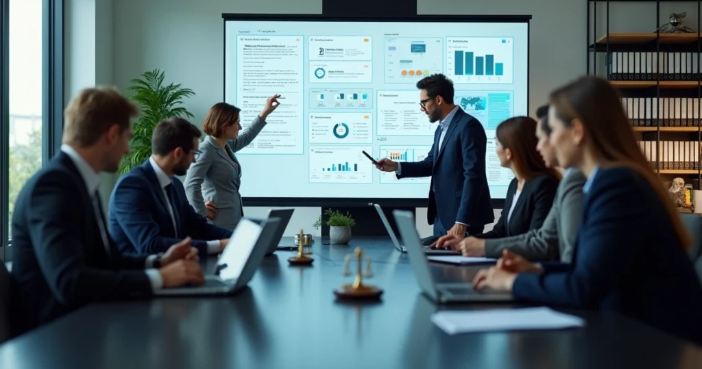 Profissionais trabalhando com documentos digitais e análises jurídicas em ambiente corporativo moderno