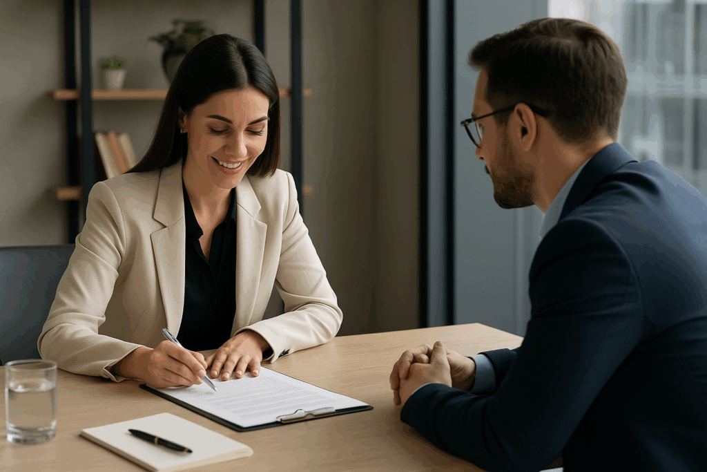 Advogada explicando cláusulas de um contrato a um cliente empresarial, representando contratos de partido e valorização dos honorários advocatícios.