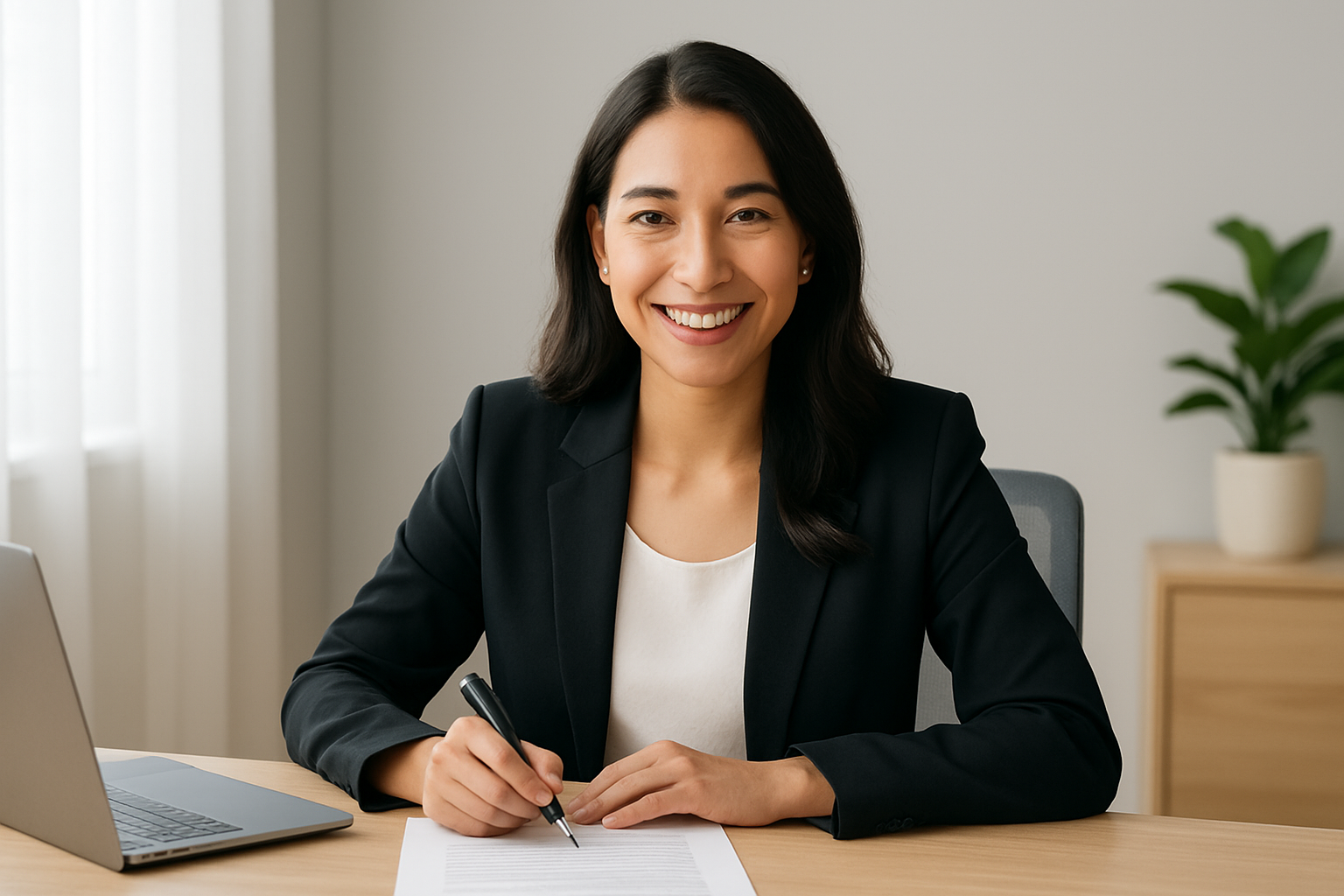 Advogada sorridente revisando contrato no escritório, representando a valorização dos honorários advocatícios na era da IA.
