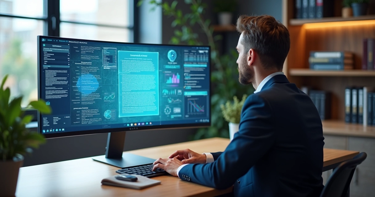 Advogado utilizando inteligência artificial para análise de contratos em computador moderno