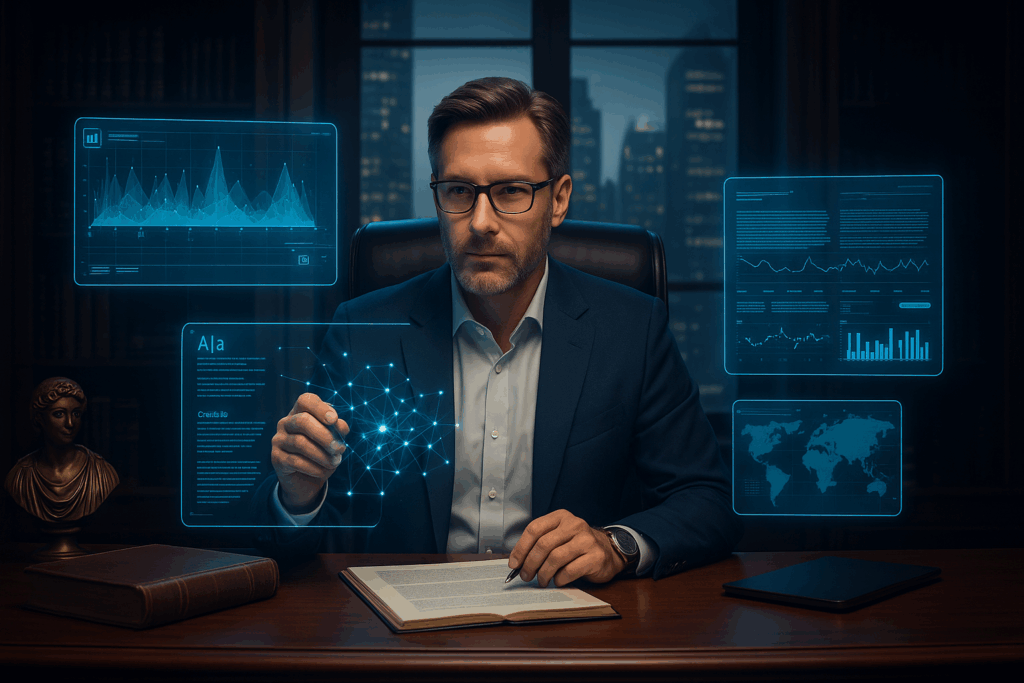 Contraktor | IA generativa para advogados: da tendência à estratégia Advogado usando computador com interface digital exibindo dados jurídicos e inteligência artificial