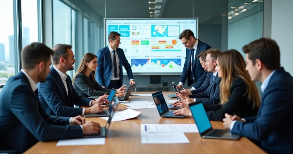 Equipe jurídica reunida em mesa de reunião analisando contratos digitais em telas