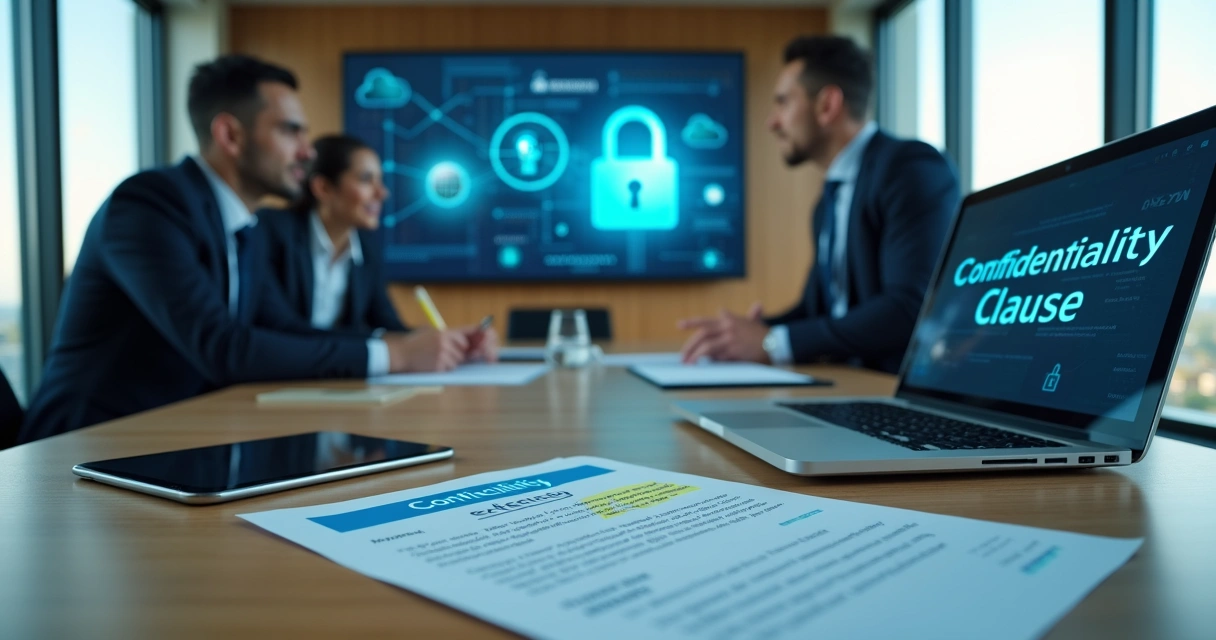 Executivos analisando cláusula de confidencialidade em contrato digital na tela de um notebook