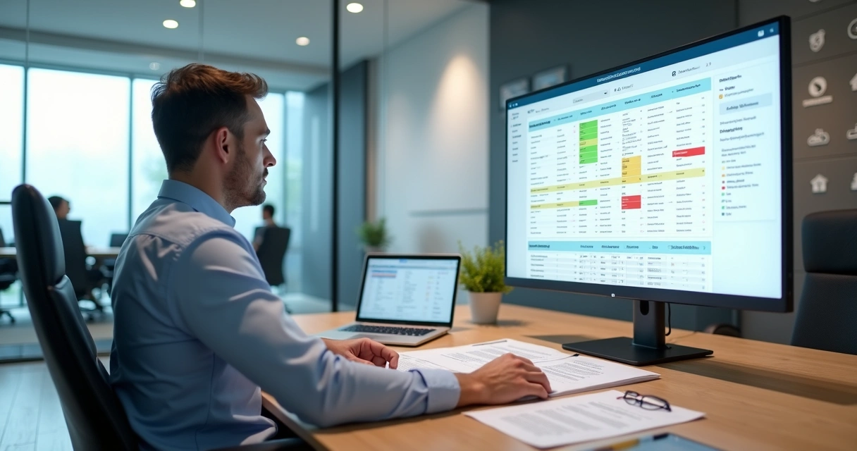 Gestor analisando painel digital de controle de contratos em escritório moderno