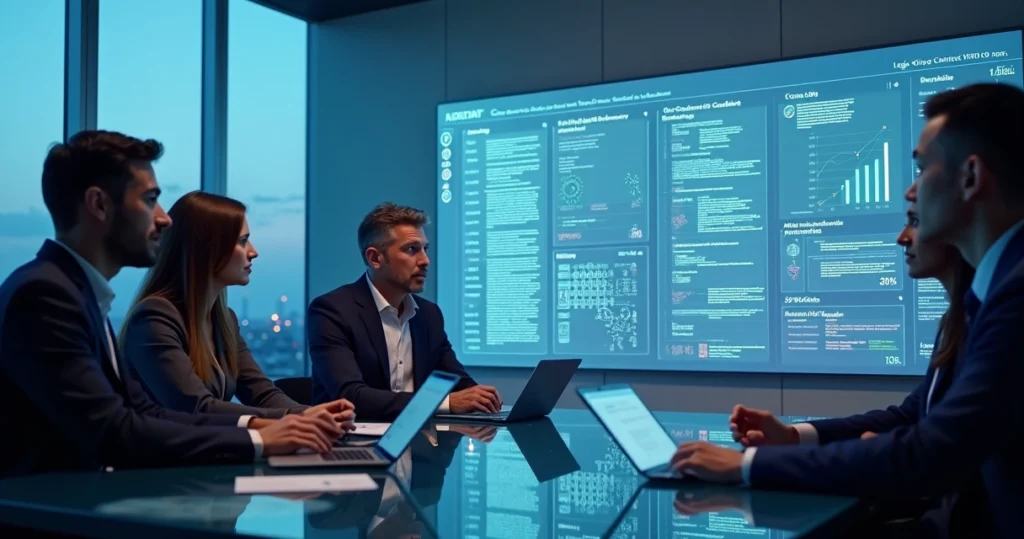 Equipe analisando contratos digitais em painel com inteligência artificial