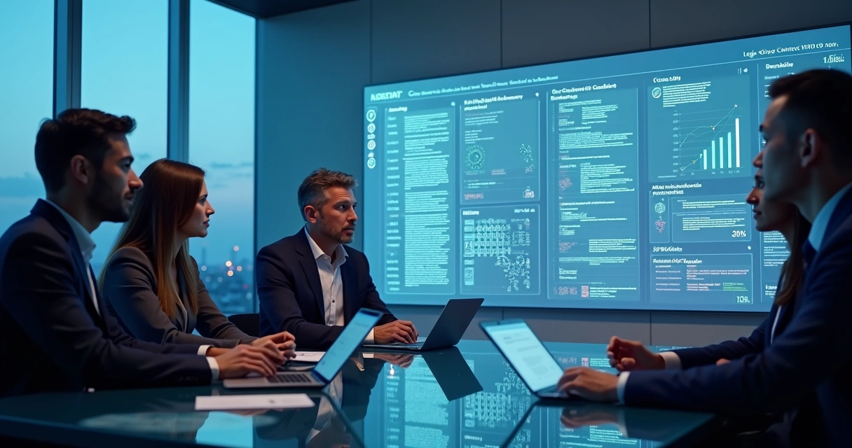 Equipe analisando contratos digitais em painel com inteligência artificial