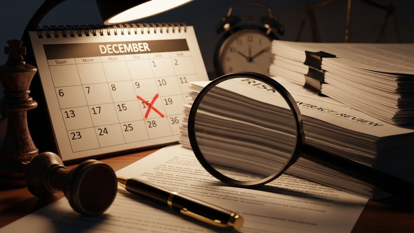 gestao-de-riscos-em-contratos-fim-de-ano Mesa de escritório com pilhas de papéis, um calendário mostrando o mês de dezembro e uma lupa ampliando a palavra risco.