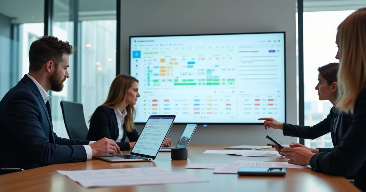 Gestor analisando obrigações contratuais em painel digital com prazos e alertas