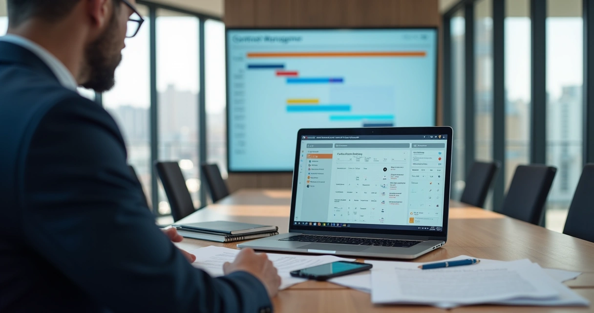 Gestor analisando prazos de contratos em tela com calendário e gráficos