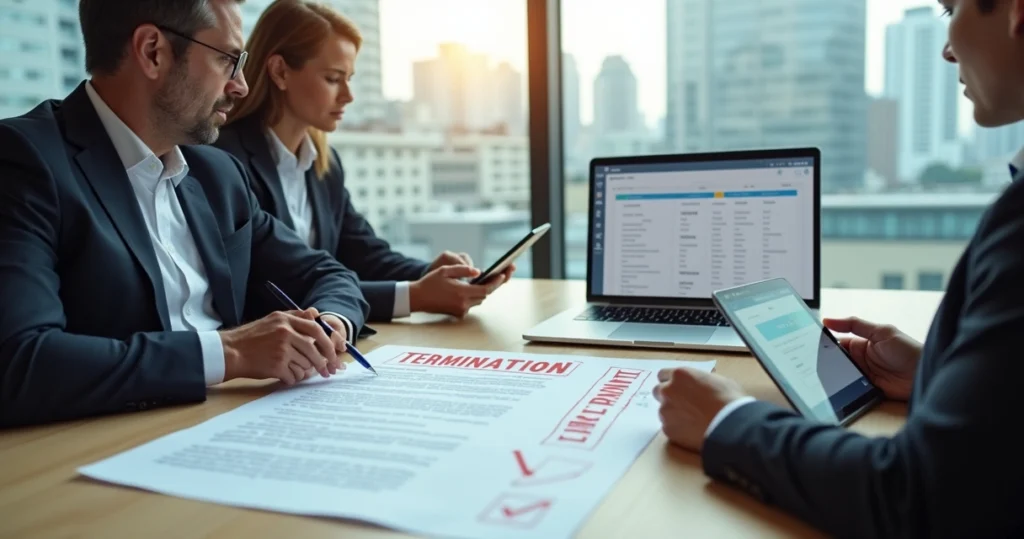 Gestores analisando rescisão contratual em reunião de negócios