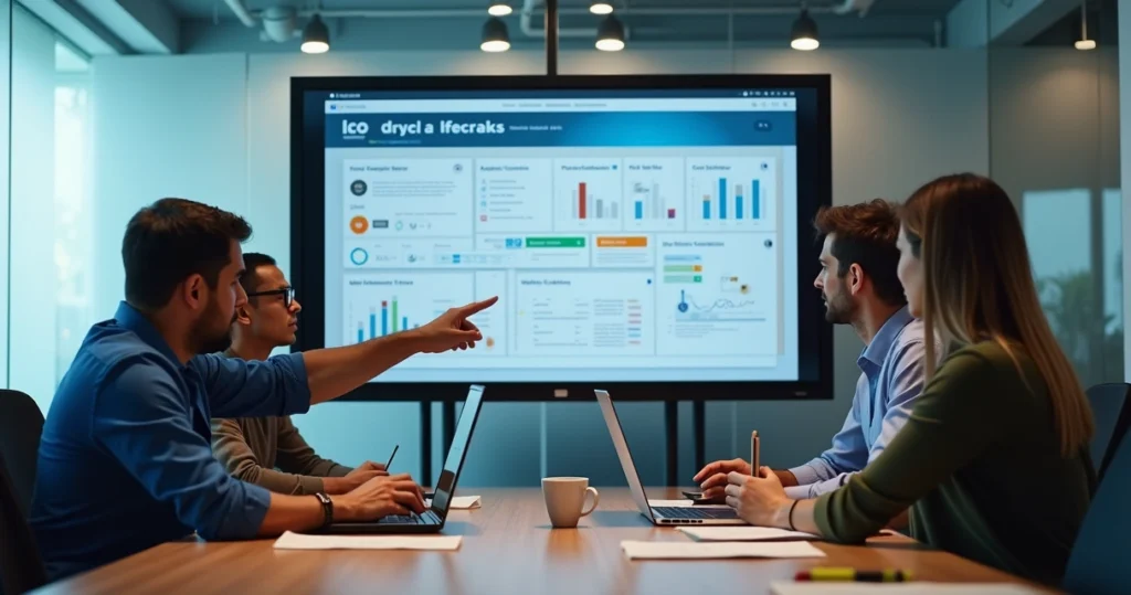 Equipe jurídica analisando contratos em tela com painel digital de indicadores