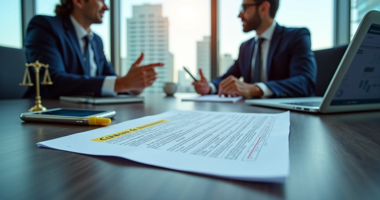 Executivos analisando contrato com destaque para cláusula de multa contratual