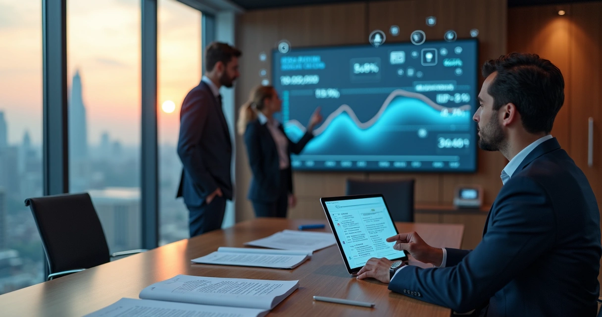 Gestores analisando gráficos de reajuste contratual em uma sala de reunião moderna