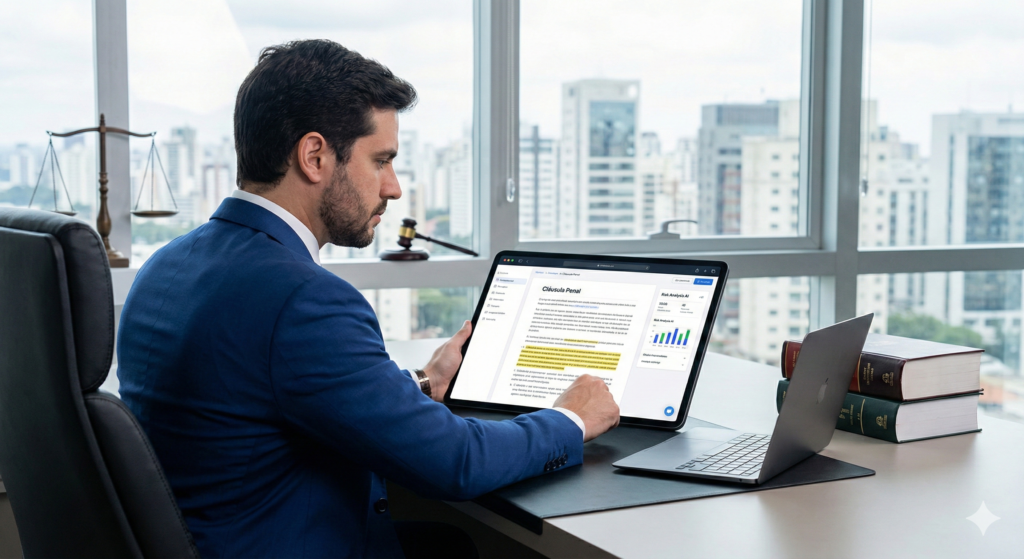Advogado analisando cláusula penal em contrato digital com gráficos de multas ao fundo