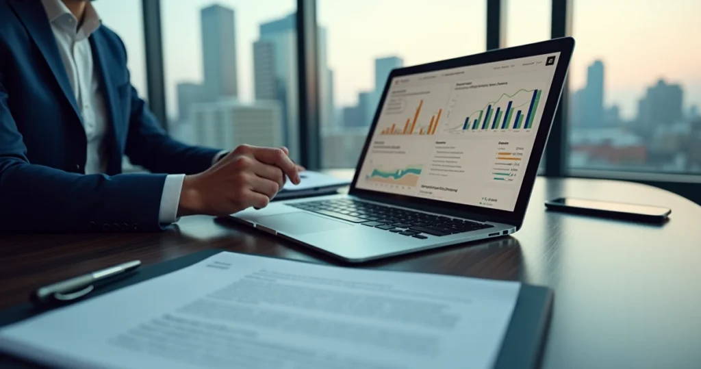 Advogado analisando honorários advocatícios em gráfico digital ao lado de contrato e notebook