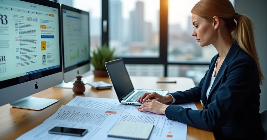 Advogada analisa contratos em laptop com documentos de segurança do trabalho sobre a mesa