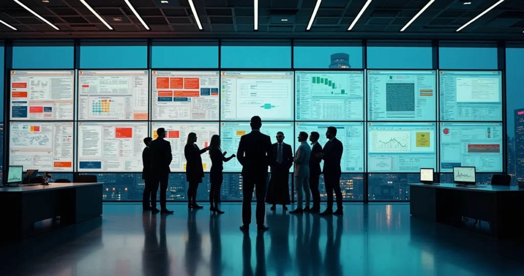 Sala de controle moderna mostrando transição de planilhas caóticas para painel digital de contratos