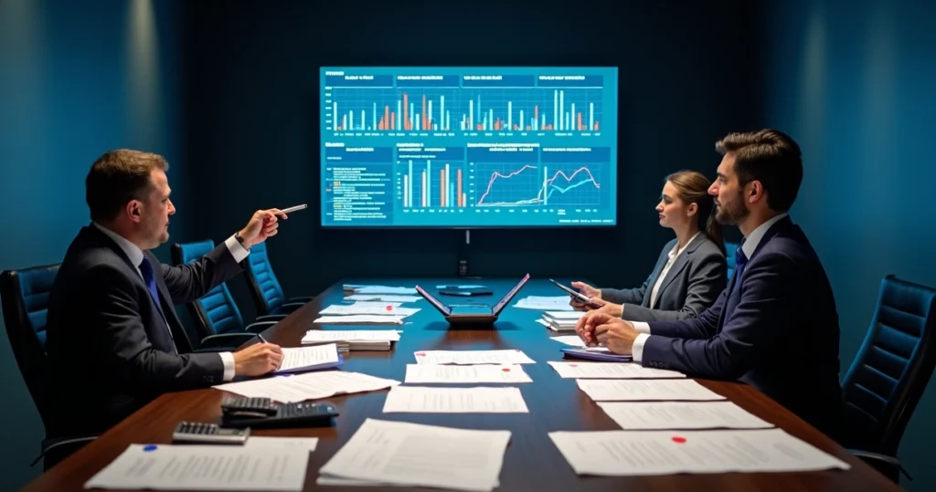 Gestor financeiro analisa painel digital com contratos e impacto da reforma tributária