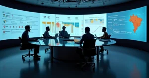 Gestores em mesa redonda analisam dashboard de contratos e tributos em tela panorâmica